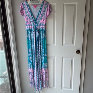 Lilly Pulitzer Blue and Pink Flutter Sleeve Maxi Sundress